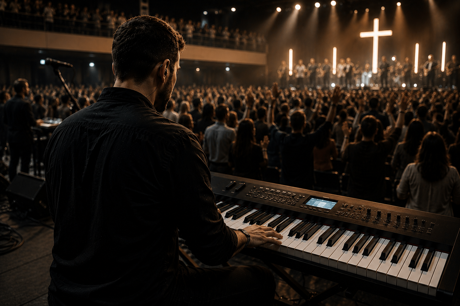 Tecladista tocando no louvor diante da congregação na igreja