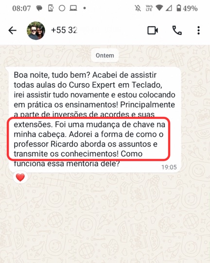 Print de depoimento real de aluno do Expert em Teclado